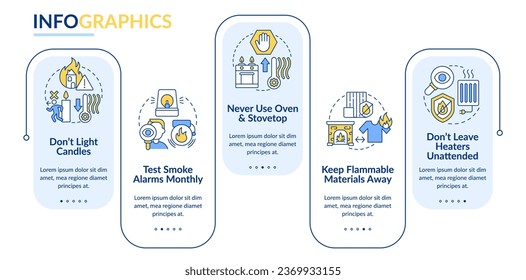 Winter fire protection rules rectangle infographic template. Precautions. Data visualization with 5 steps. Editable timeline info chart. Workflow layout with line icons. Lato Bold, Regular fonts used