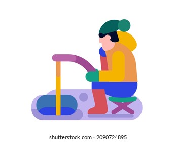 Winter fisherman sitting on chair with rod fishing in the ice hole at frozen lake.