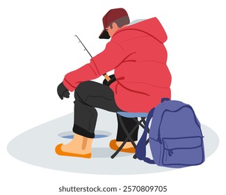 Winter fishery recreation vector illustration. View from back of fisherman cartoon character enjoying fishing activity sitting on chair with rod front of ice lake hole putting backpack nearby