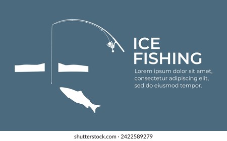 Winter fishing and active hobby. Fishing rod with fishing line and hook. Fish biting a lure. Ice fishing on the lake or river. leisure. Color vector illustration flat design. Isolated on background.