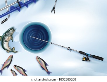 Winter fishing banner composition of realistic fish images with hole in ice and fish tackle icons vector illustration