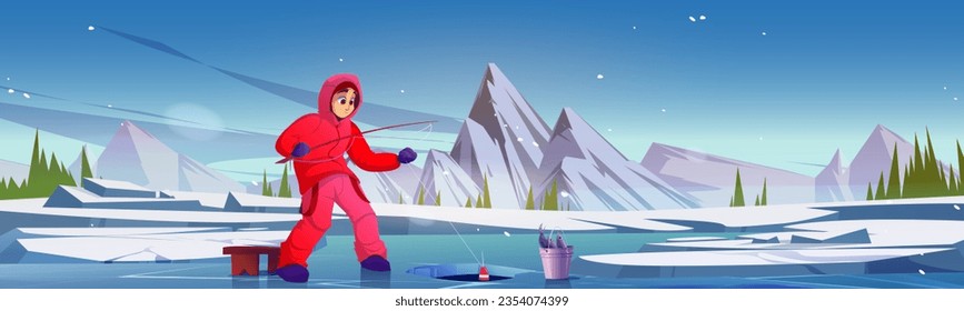 Winter fishing cartoon vector illustration. Young woman in warm clothes on ice covered frozen lake pulls fishing rod out of hole. Activities on background of landscape with pond and snowy mountains.