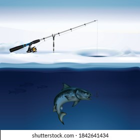 Winter fishing composition with realistic image of fish under ice with fishing tackle fixed on surface vector illustration