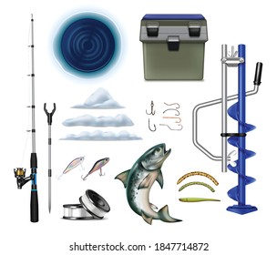 Winter Fishing Equipment Realistic Set With Isolated Fish Tackle Icons Of Rods Hooks Ice Breaker Drill Vector Illustration