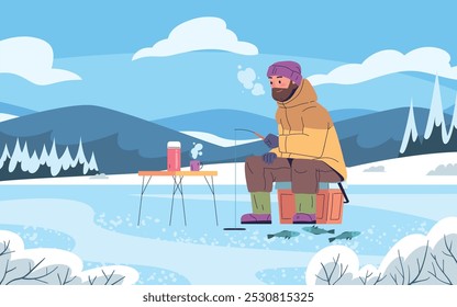 Pesca de invierno. Pescador coge el pez del agujero de hielo en el paisaje congelado de la historieta de la naturaleza del lago del bosque del río, carácter del pescador con la varilla giratoria, obra de arte original de la Ilustración vectorial con clase