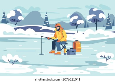 Winter fishing. The fisherman is fishing in the ice hole