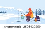 Winter fishing in frozen mountain lake landscape. Male fisherman in warm jacket sitting on folding chair with fishing rod to catch fish in hole in ice, man waiting cartoon vector illustration