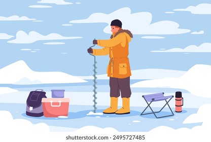 Pesca de invierno en el paisaje de la naturaleza congelada con nieve. Pescador haciendo agujero en el hielo de lago o río con equipo de perforación, hombre perforando con equipos de pescadores para atrapar Ilustración vectorial de dibujos animados de pescado