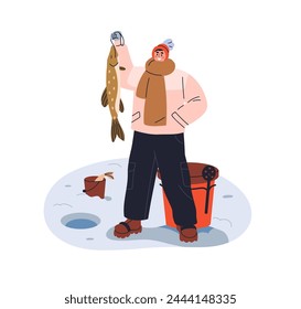 Winter fishing. Happy fisherman holding, showing trophy fish. Fisher in cold season, snow, frost with equipment and ice hole in frozen river. Flat vector illustration isolated on white background