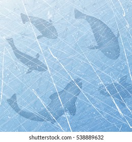 Winter fishing. Ice-fishing. Winter background with fish. Fish set. Texture of ice surface. Overhead view. Vector illustration abstract background.