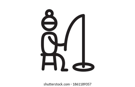 Winter fishing icon with ice fisherman on lake. People outdoor activity vector illustration isolated on white background.
