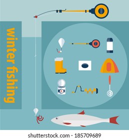 winter fishing icons set vector