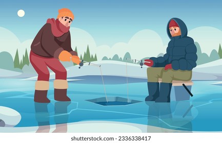 Winter fishing. Male characters with fishing rod catching fish in winter season. Vector cartoon outdoor landscape