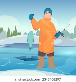 Winter fishing. Man with fish outdoor standing in winter season. Vector cartoon template