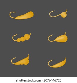 Winter fishing. Mormyshka vector. Hook. Winter tackle. Fishing. A set of marmyshes.