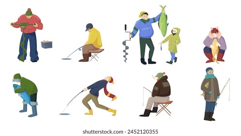 Conjunto de pesca de invierno. Familia de pescadores pescando peces con caña, gente en ropa de abrigo de pie y sentada en sillas plegadas, personajes perforan un agujero en el hielo para atrapar peces de Ilustración vectorial de dibujos animados