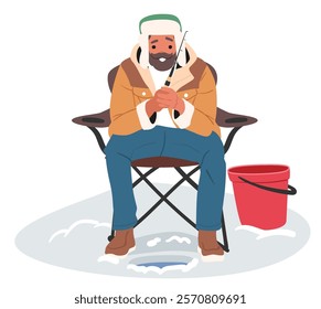 Winter fishing time outdoors adventure concept. Experienced bearded man fisher cartoon character feeling excited enjoying fish catching process using spinning rod tool with bait vector illustration