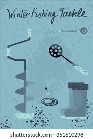 Winter fishing. Tools and tackles. Grunge style. Hand draw. Ink textures. Cyan. Stock vector.