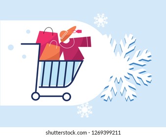 Winter flash sale cash back shopping chart vector banner in snow flakes background for seasonal retail promotion online