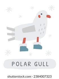 Winter flashcard. Learning English words for kids. Cute hand drawn doodle educational card with polar gull. Preschool learning material