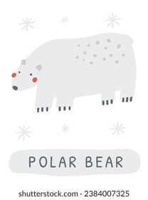 Winterblinkkarte. Englische Wörter für Kinder lernen. Feine, handgezeichnete Doodle-Lehrkarte mit Eisbär. Vorschullehrmaterial