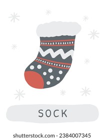 Flashcard de invierno. Aprendiendo palabras en inglés para los niños. Cuto doodle dibujado a mano con un calcetín de Navidad. Material de aprendizaje preescolar