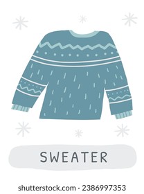 Winter flashcard. Learning English words for kids. Cute hand drawn doodle educational card with sweater. Preschool learning material