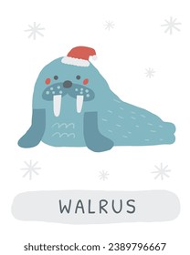 Winter flashcard. Learning English words for kids. Cute hand drawn doodle educational card with walrus. Preschool learning material