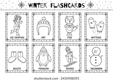 Winter flashcards black and white collection for kids. Flash cards set with cute characters in outline for coloring. Learning to read activity for children. Vector illustration