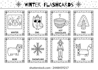 Winter flashcards black and white  collection for kids. Flash cards set with cute characters in outline for coloring. Learning to read activity for children. Vector illustration