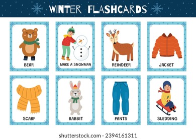 Winter flashcards collection for kids. Flash cards set with cute characters for school and preschool. Learning to read activity for children. Vector illustration