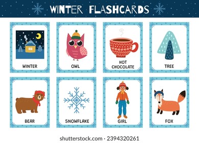 Winter flashcards collection for kids. Flash cards set with cute characters for school and preschool. Learning to read activity for children. Vector illustration