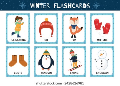 Winter flashcards collection for kids. Flash cards set with cute characters for school and preschool. Learning to read activity for children. Vector illustration