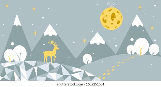 Winter flat  background. Holiday and New Year night, white snow, stars, mountains, trees, deer and moon in grey and yellow colors. Panoramic vector illustration of winter. Minimal winter landscape.