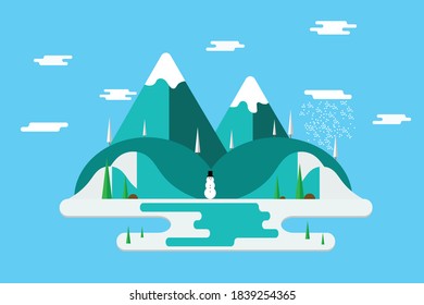 Winter flat background with a mix of mountains, hills, trees and snow ice