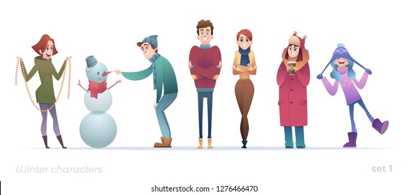 Winter flat cartoon characters set. Collection of funny young people in warm clothes.