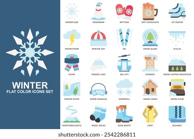 winter flat color icons set. contain snowflake, snowman, ice skates, scarf, ski lift, snow globe, icicles, coat, blanket and more. use for modern concept, web and app development. Vector EPS 10