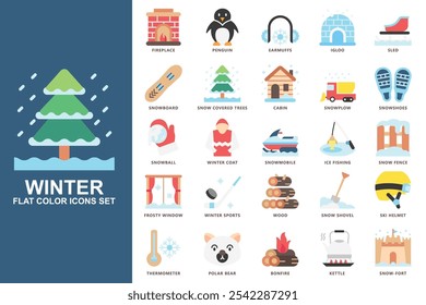 Contienen chimenea, pingüino, orejeras, tabla de snowboard, árboles cubiertos de nieve, cabina, quitanieves, raquetas de nieve y más. uso para el concepto moderno, el Web y el desarrollo App. Vector EPS 10