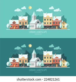 Winter - flat design urban landscape illustration