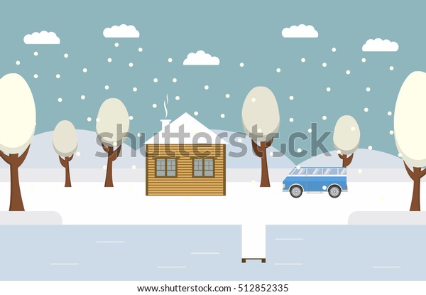 Winter flat  forest  landscape vector\
illustration.Travel to a lodge in the wood on the van.Snow Trees\
Woods. Snowy village and nature - houses.Winter rural landscape\
with the wooden house.Family\
van.
