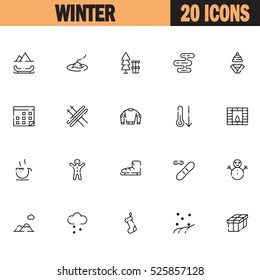 Winter flat icon set. Collection of high quality outline symbols of season for web design, mobile app. Vector thin line vector icons or logo of snow, ice, snowman, holiday, ski, etc.