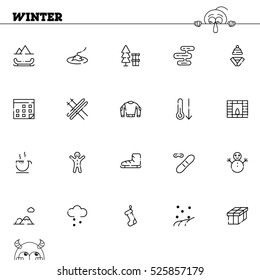 Winter flat icon set. Collection of high quality outline symbols of season for web design, mobile app. Vector thin line vector icons or logo of snow, ice, snowman, holiday, ski, etc.