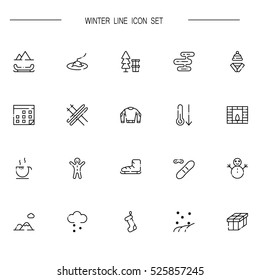 Winter flat icon set. Collection of high quality outline symbols of season for web design, mobile app. Vector thin line vector icons or logo of snow, ice, snowman, holiday, ski, etc.