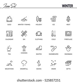 Winter flat icon set. Collection of high quality outline symbols of season for web design, mobile app. Vector thin line vector icons or logo of snow, ice, snowman, holiday, ski, etc.