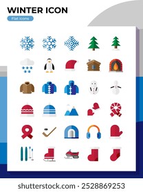 Winter flat icon set. Icon of snowflake, fir tree, jacket, hat, socks, and more. Flat icons vector illustrations isolated on white transparent background