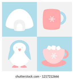 Winter flat icon set in square frame with igloo, penguin , hot chocolate and mug
