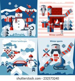 Winter flat icons set with sports comfort fun landscape isolated vector illustration