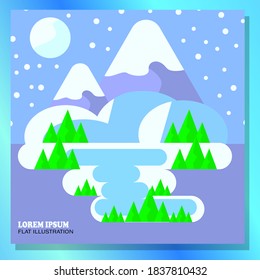 winter flat illustration with snow moon and mountain