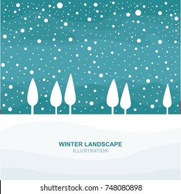 Winter flat landscape background.
Christmas and New Year vector greeting card template.