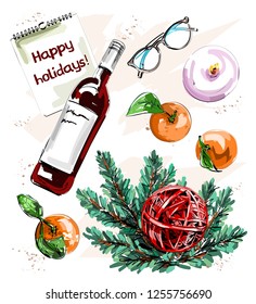 Winter flat lay set with bottle of wine, eyeglasses, thread ball, mandarins, note and fir tree branch. Sketch.
